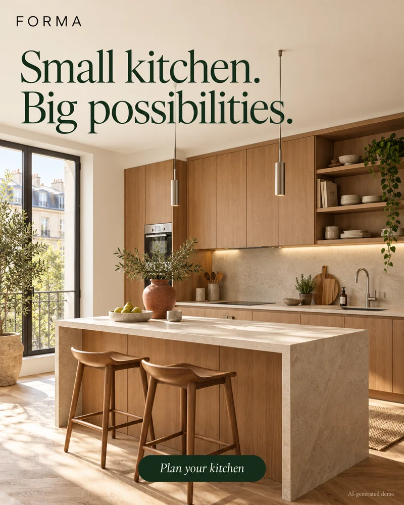 Kitchen renovations ad for fictional brand Forma: Small kitchen. Big possibilities.