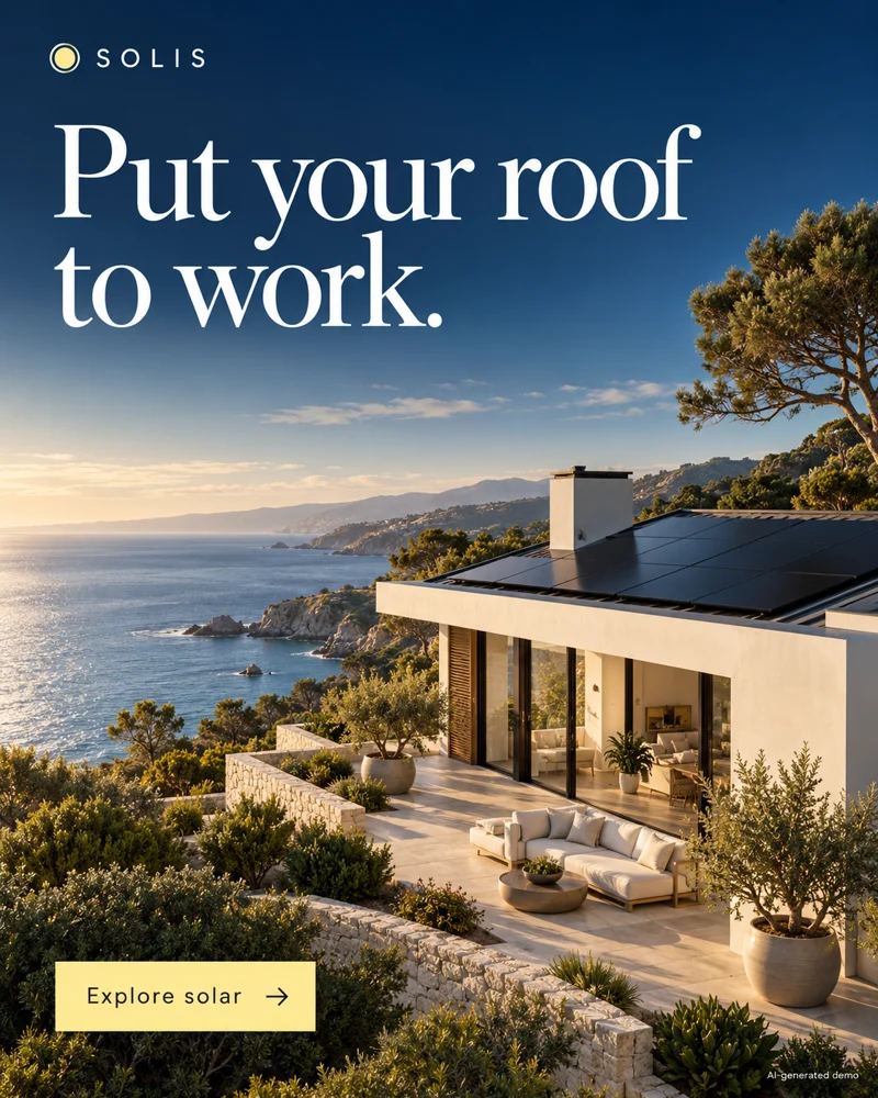 Home solar ad for fictional brand Solis: Put your roof to work.